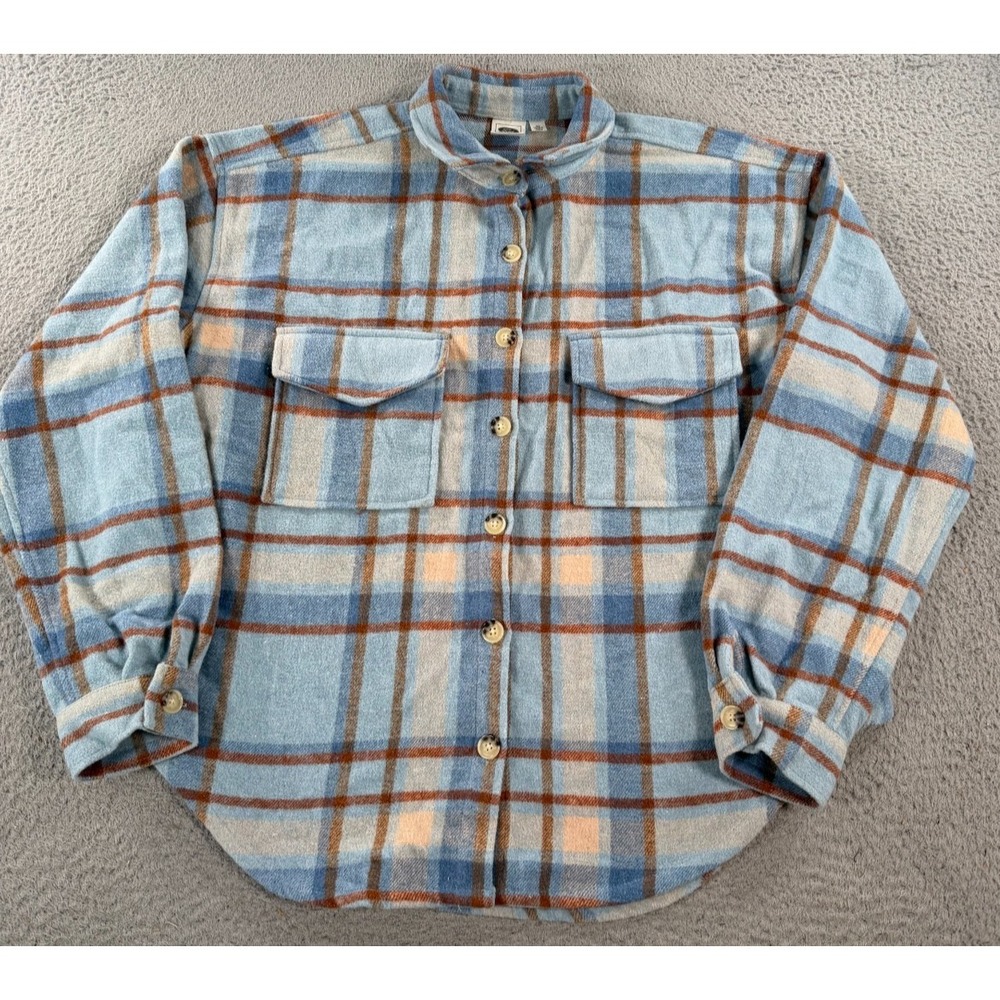 Ford Bronco Official Flannel Shirt Women's Medium Blue Brown Plaid Long Sleeve